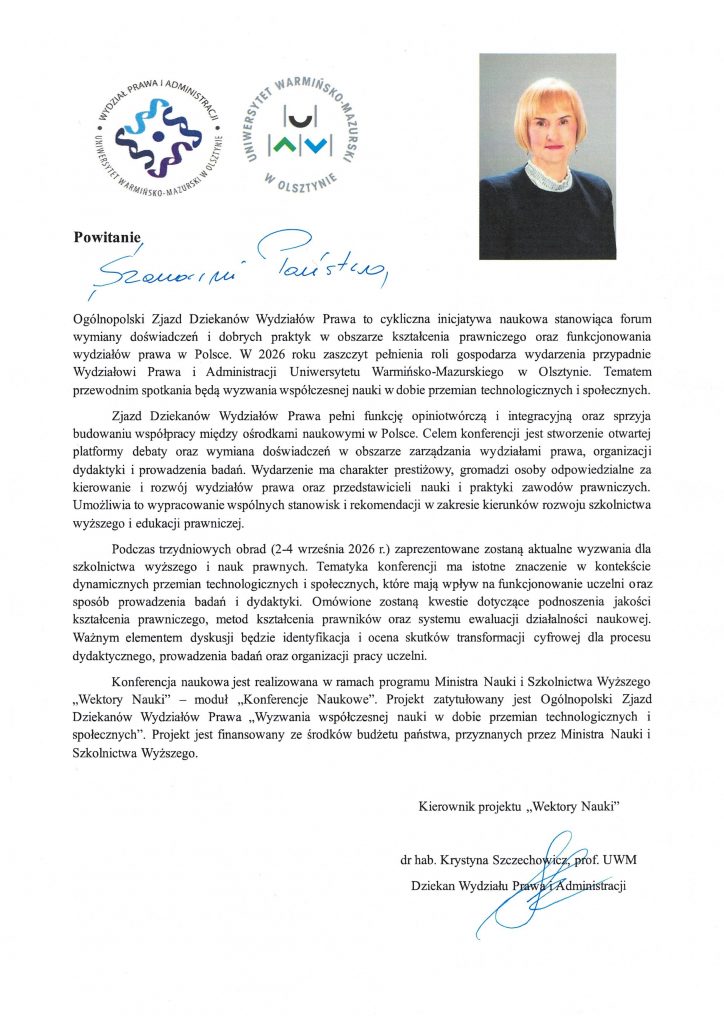 List z powitaniem, u góry lotypy UWM i WPiA oraz zdjęcie Dziekana dr hab. Krystyny Szczechowicz, prof. UWM